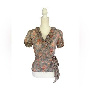 Lauren Ralph Lauren Floral Wrap Blouse Shirt Large Cottagecore Coquette Ruffle M